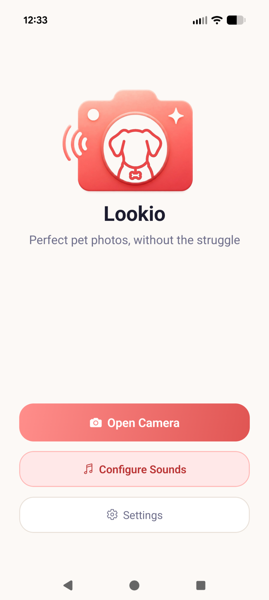 Lookio landing page showing a phone mock with a minimal camera UI and capture button.
