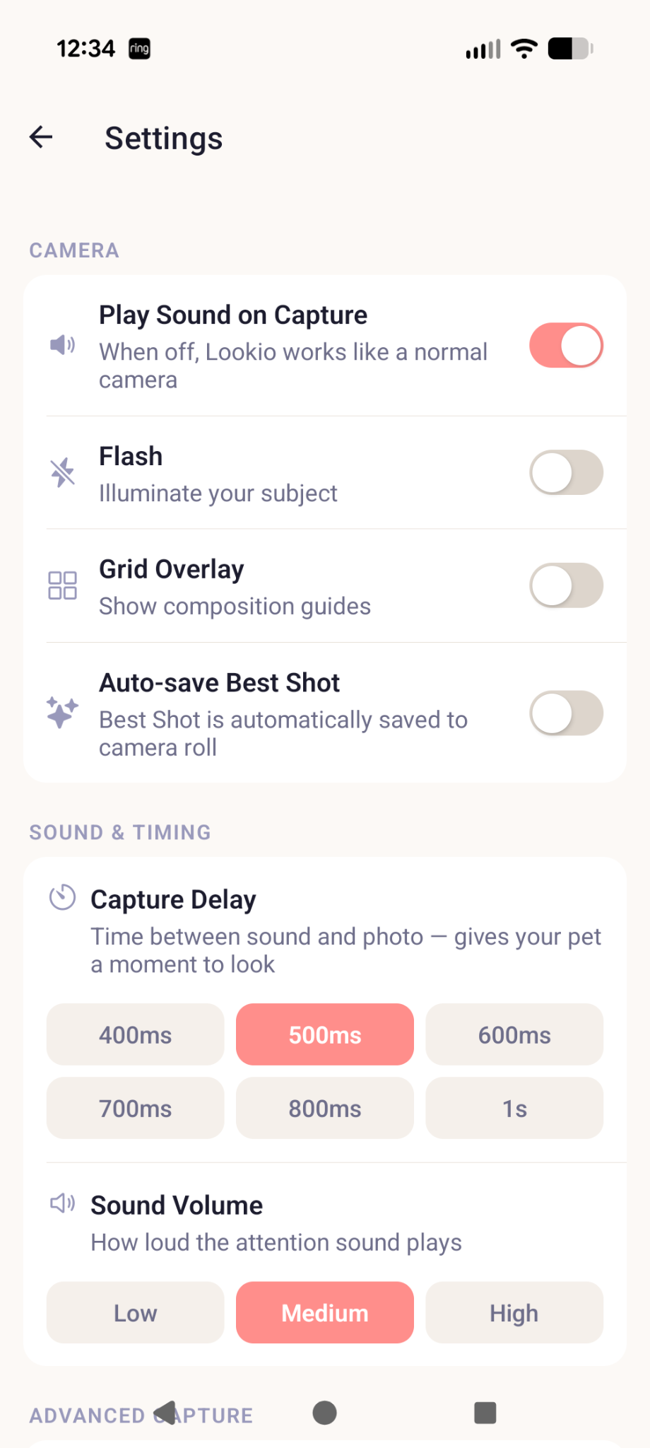 Lookio settings screen showing configurable timing and capture behavior.