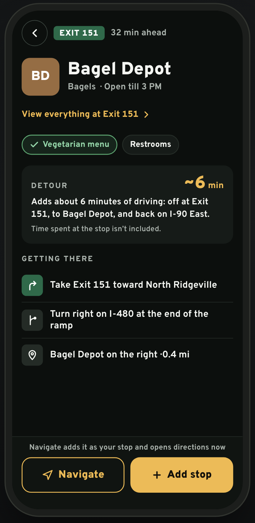 NextStop business page for Bagel Depot at Exit 151, 32 minutes ahead, open till 3 PM, with a vegetarian menu tag, a detour card stating it adds about 6 minutes of driving, three getting-there steps, and Navigate and Add stop buttons.