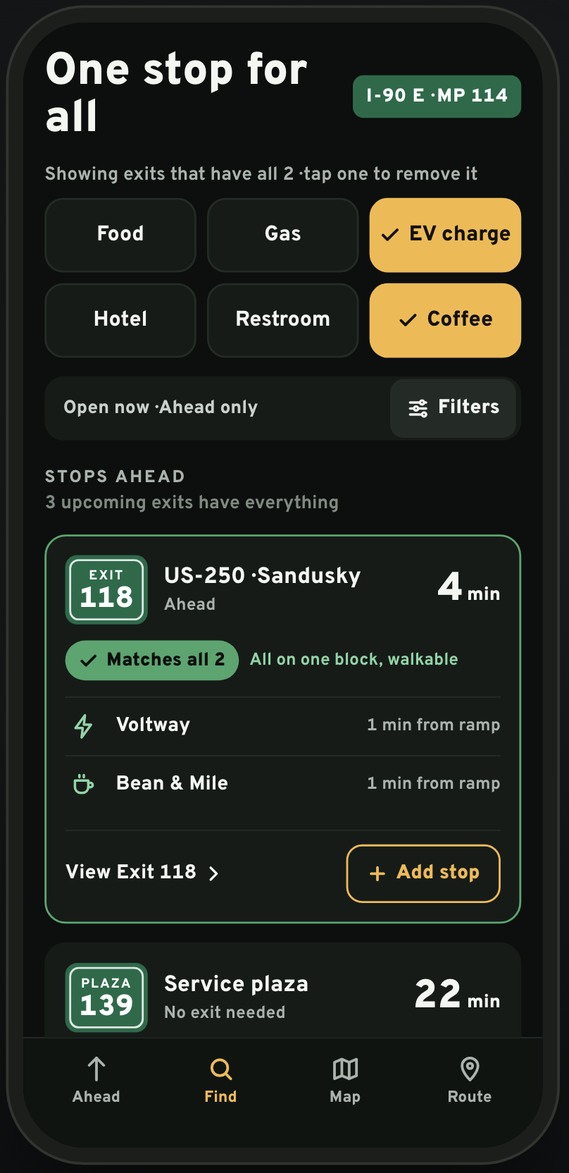 NextStop Find tab with EV charge and Coffee both selected, titled One stop for all, showing Exit 118 four minutes ahead matching both with Voltway and Bean & Mile one minute from the ramp, labeled all on one block and walkable, followed by Service Plaza 139.