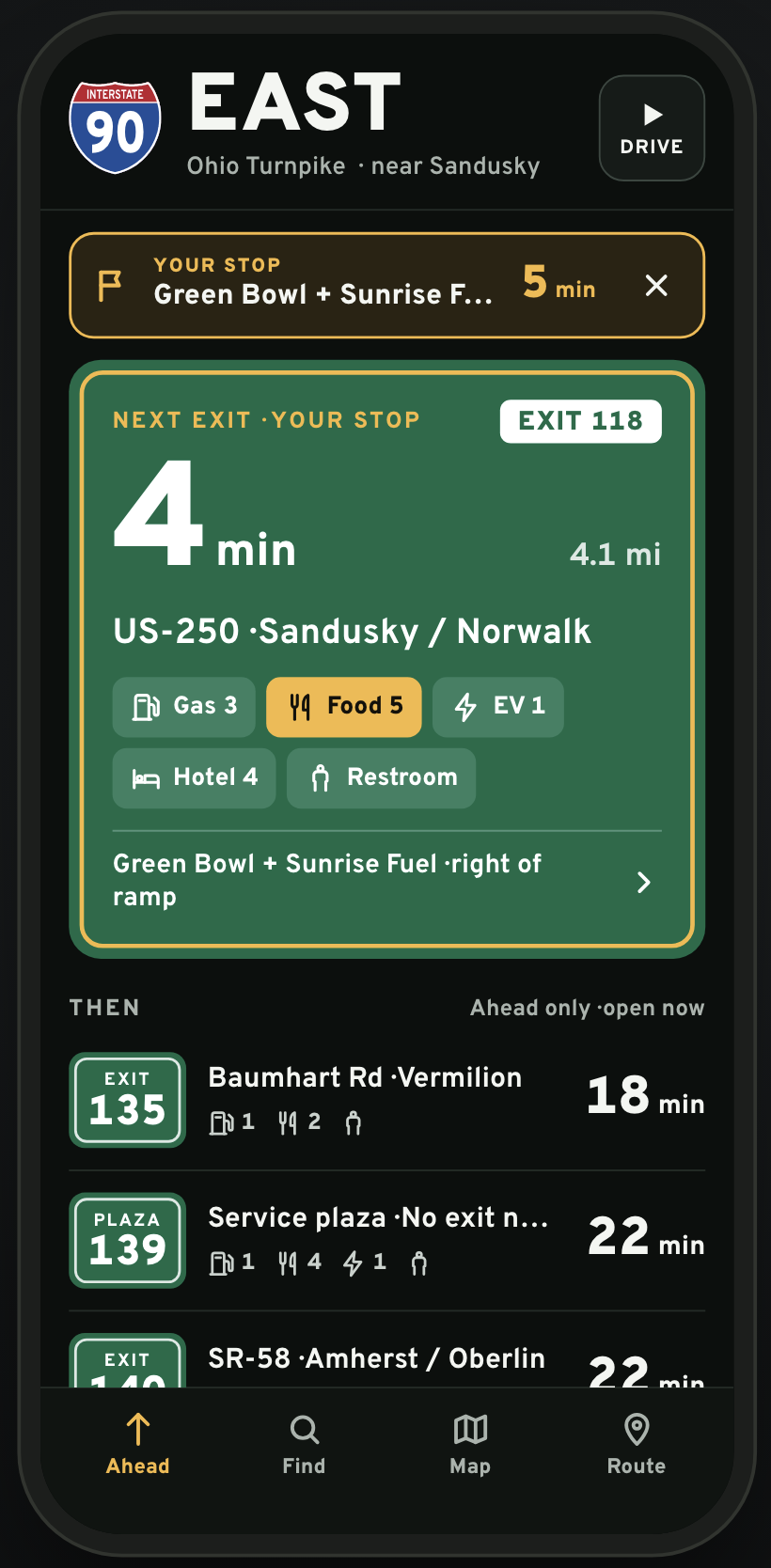 NextStop's Ahead screen on I-90 East near Sandusky, showing the next exit four minutes away with counts of gas, food, EV charging, and hotels, followed by the exits after it.