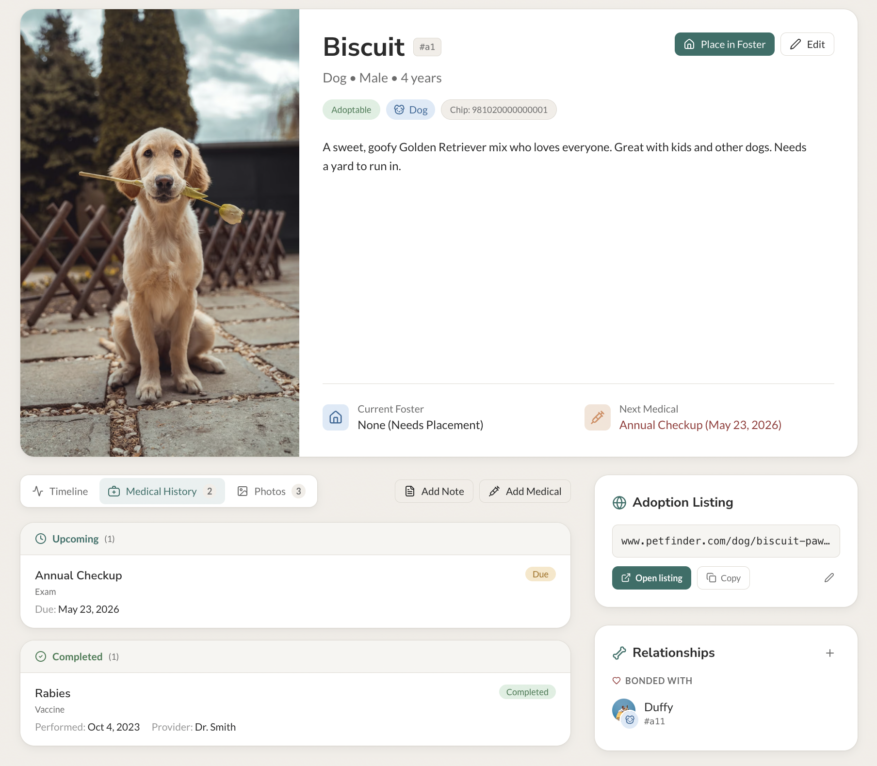 The Animal page, showing a clear view of the pet's intake details, medical history, placement status, and other key information.