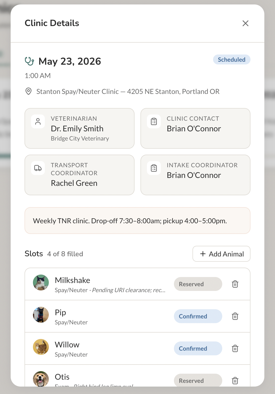 Clinic planning page, showing a view of the clinic's schedule, contacts, slot management, animal assignments, veterinarian and location tracking, and operational readiness visibility.