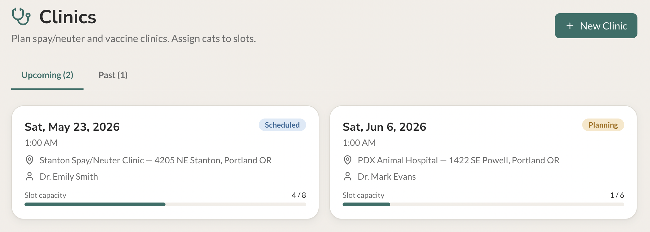 Clinic schedule page, showing a view of the upcoming clinic events.
