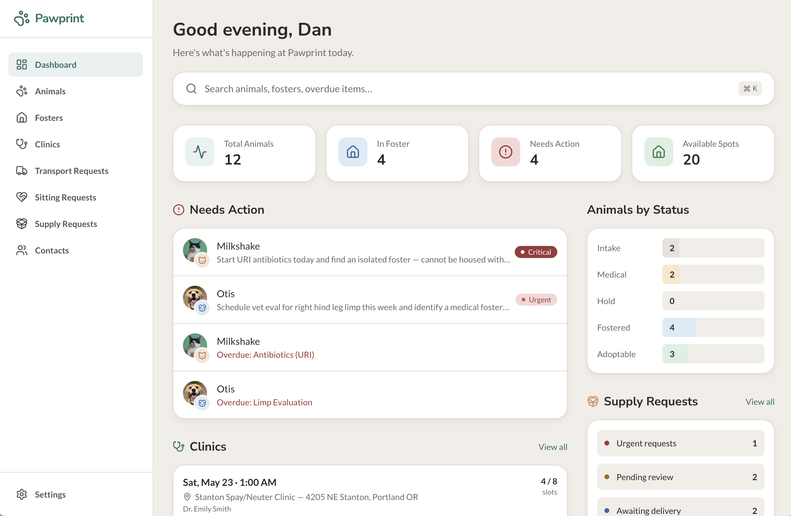 Whiskerville's dashboard showing a summary of the organization's capacity and pending action items.