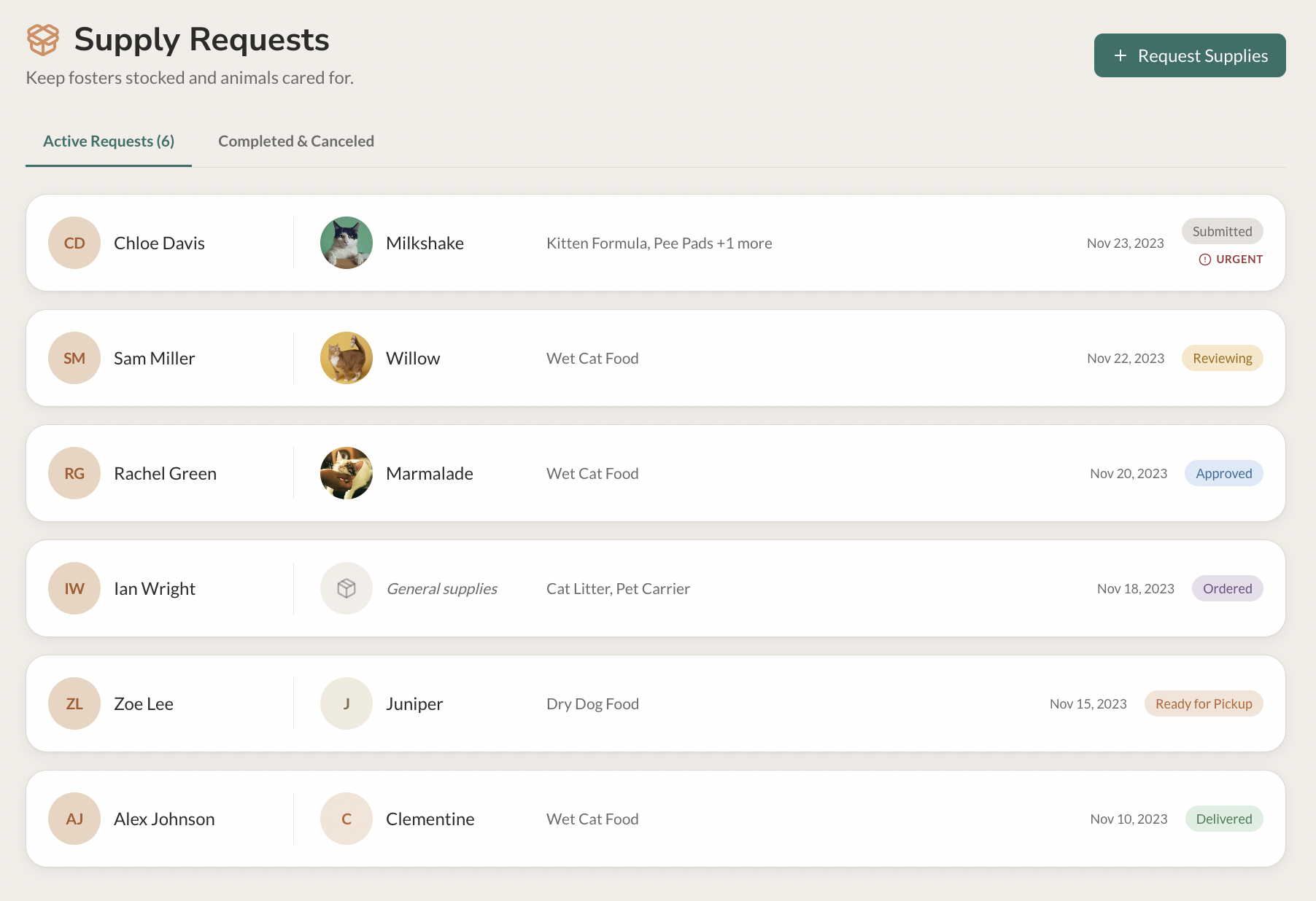 Supply Request forms, showing the ability to request supplies for a specific foster parent or animal.