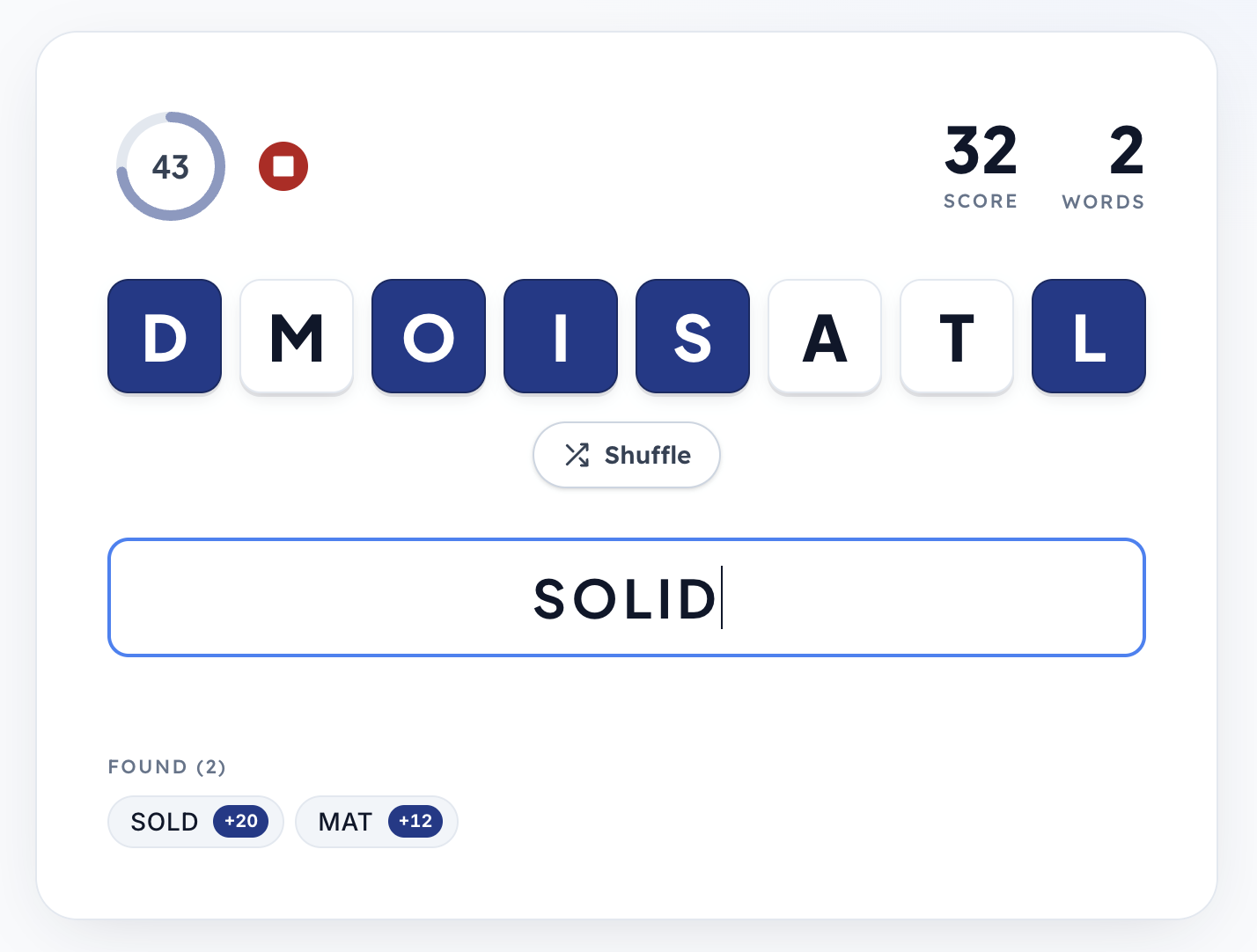 Wordsmith gameplay showing the letter tiles, score, and active round UI.