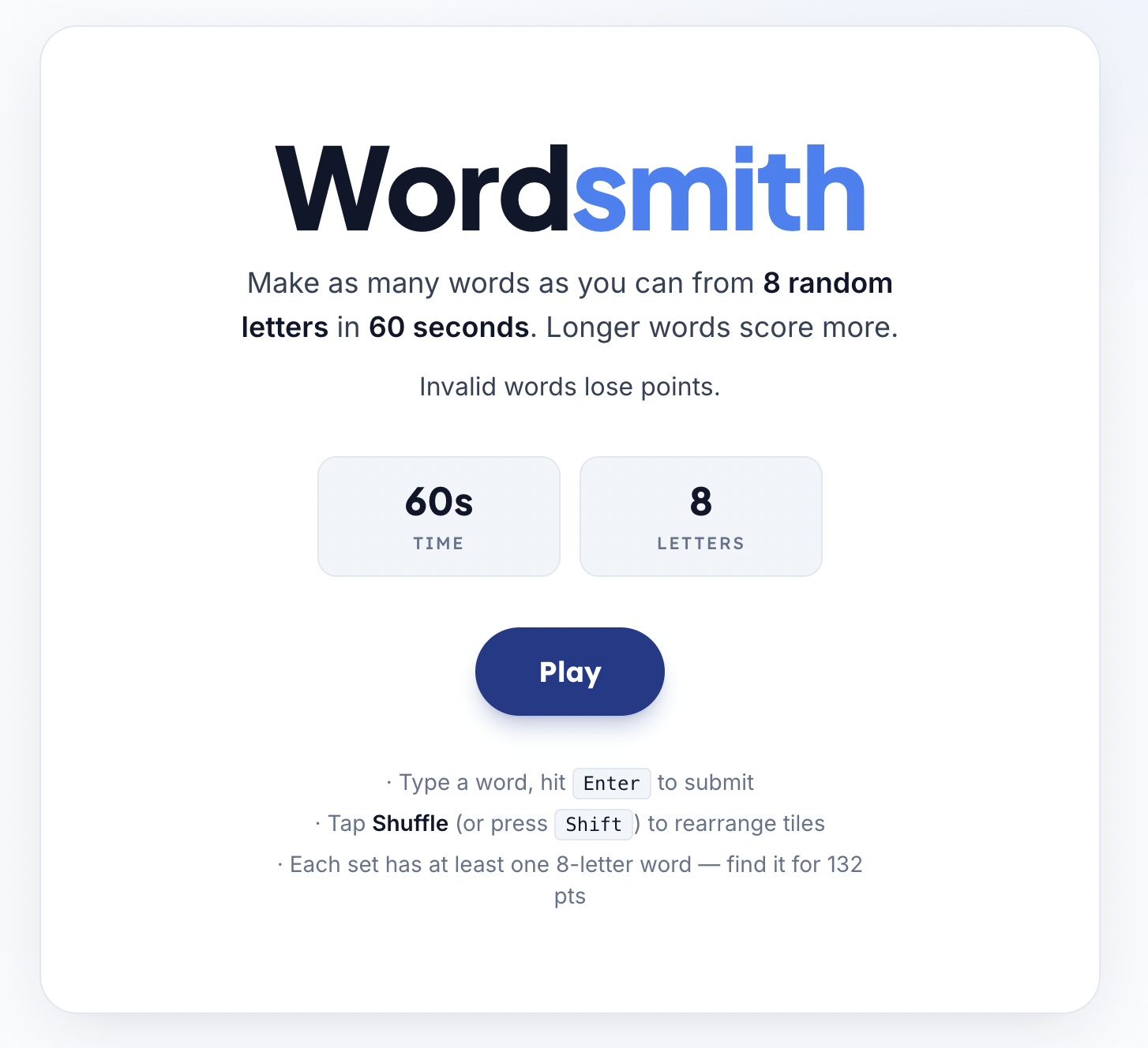 Wordsmith landing page showing the WORDS letter tiles on a dark background.