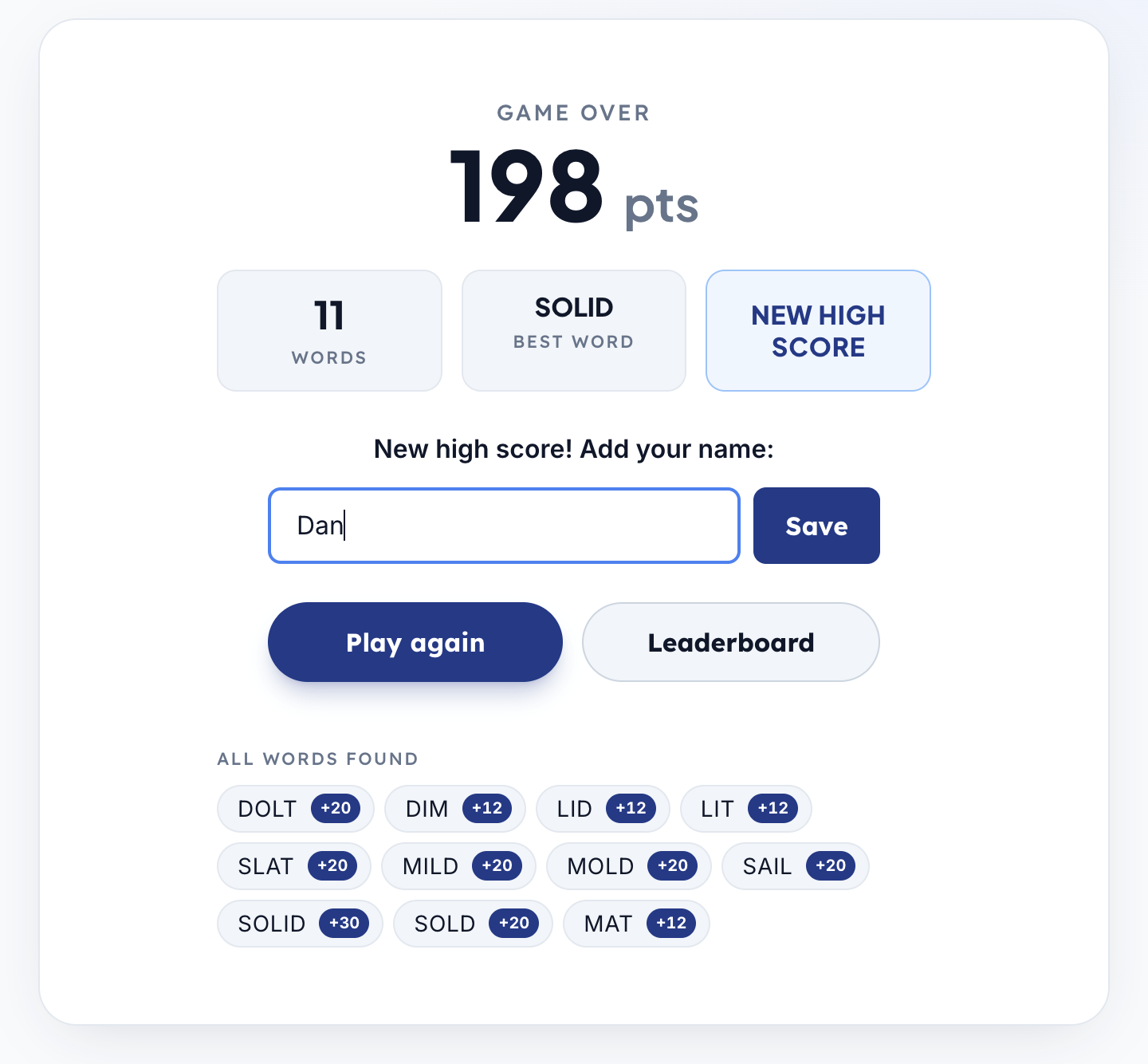 Wordsmith leaderboard screen showing scores and rankings.