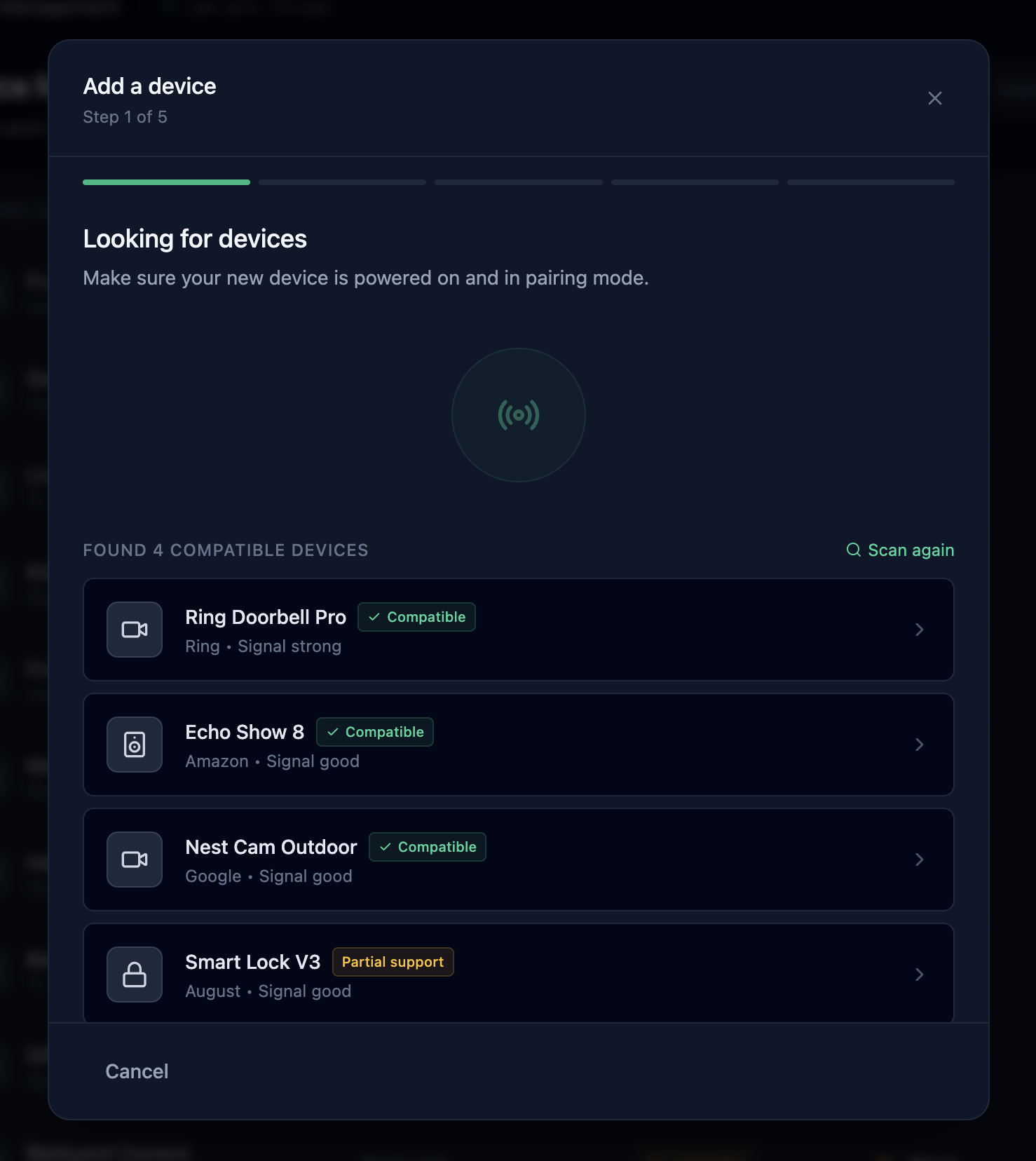 Add Device flow step 1 — selecting a device type to pair.