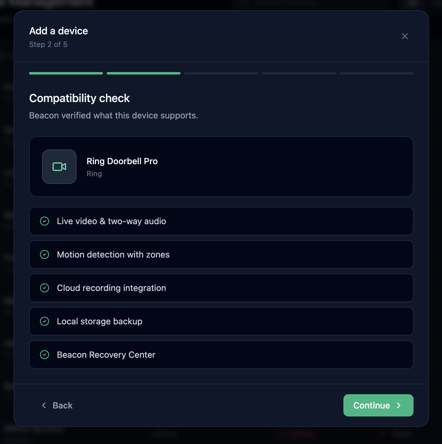 Add Device flow step 2 — connecting to the new device.
