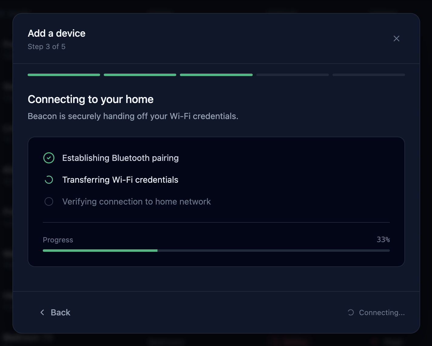 Add Device flow step 3 — Placement Validation runs signal, latency, and mesh coverage diagnostics from the device's current location.