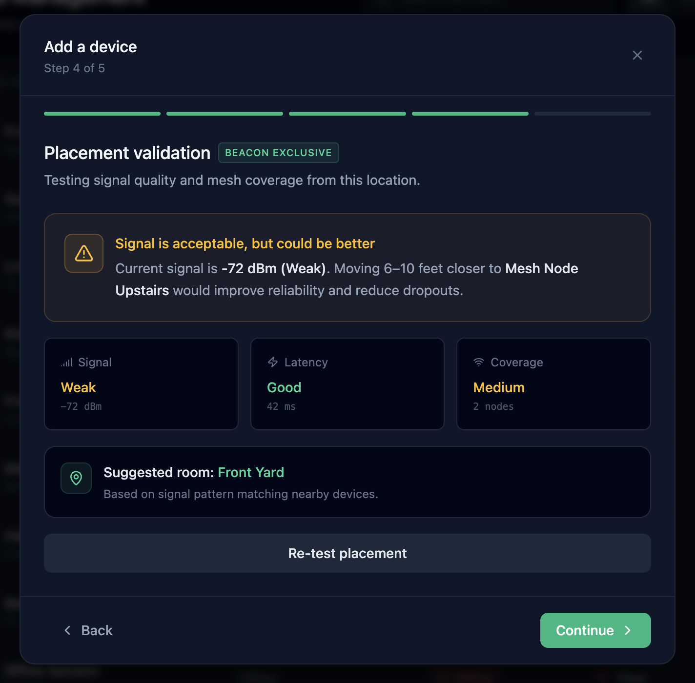 Add Device flow step 4 — room recommendation based on signal-pattern matching with neighboring devices.