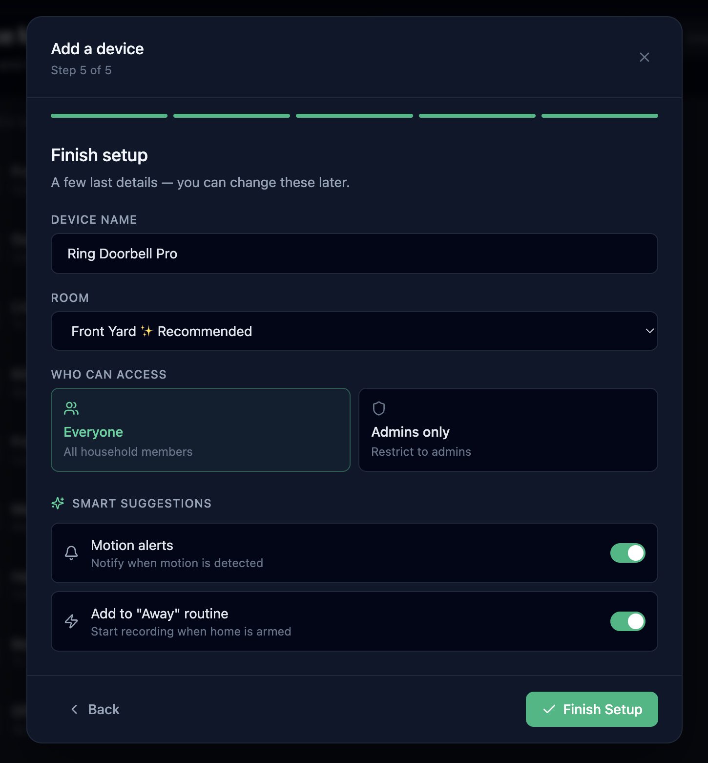 Add Device flow step 5 — confirmation that the device has been added to the home with a verified placement.