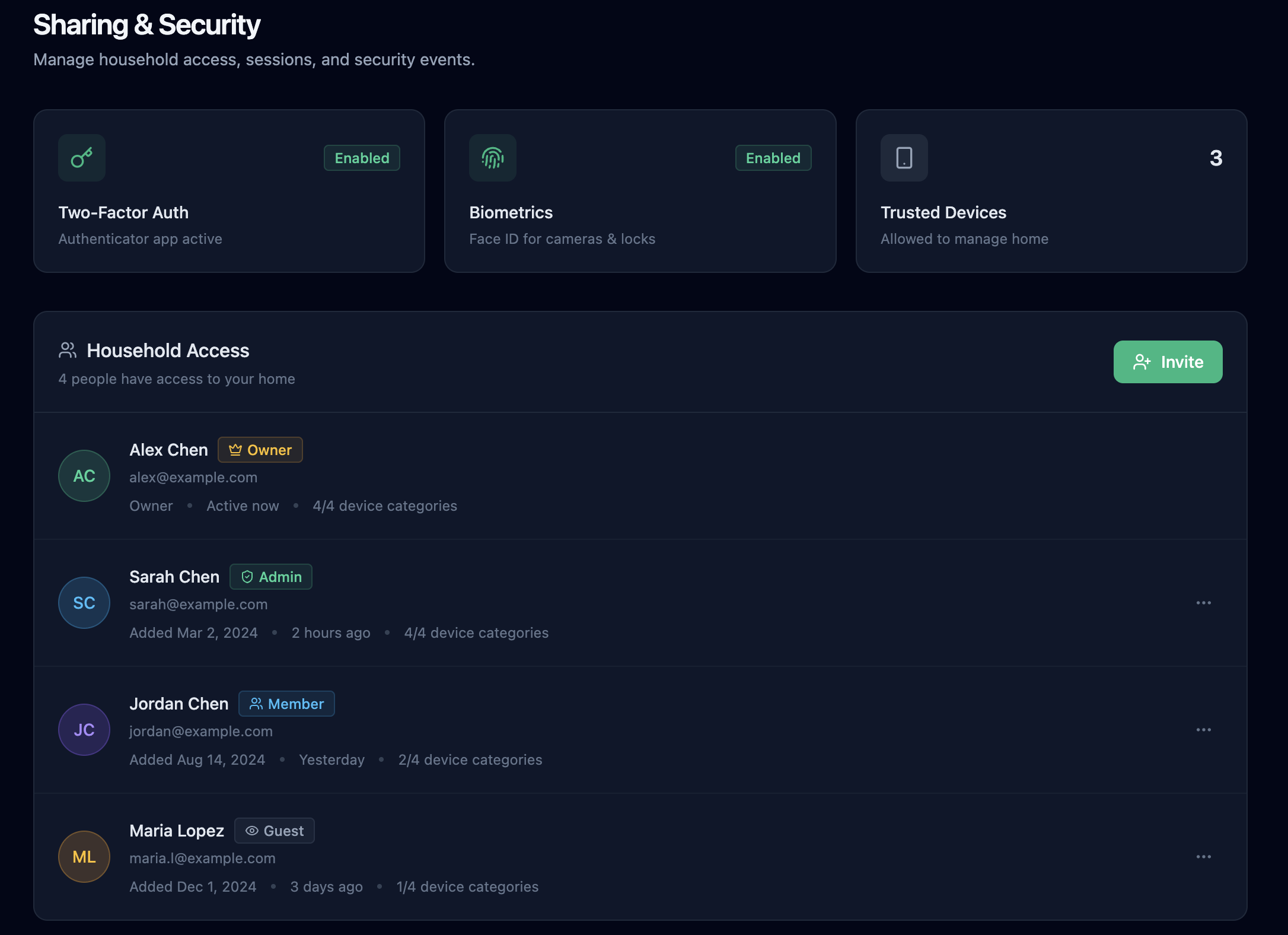 Beacon Sharing & Access screen showing household members with roles, active sessions, and security events.