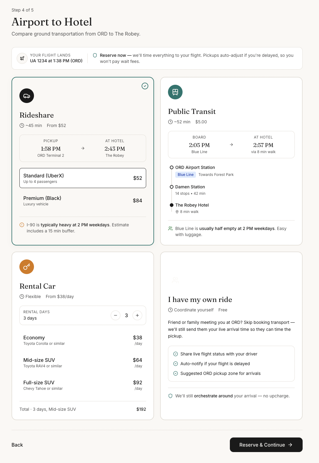TravelOS itinerary screen showing a delayed flight and updated transportation recommendations.