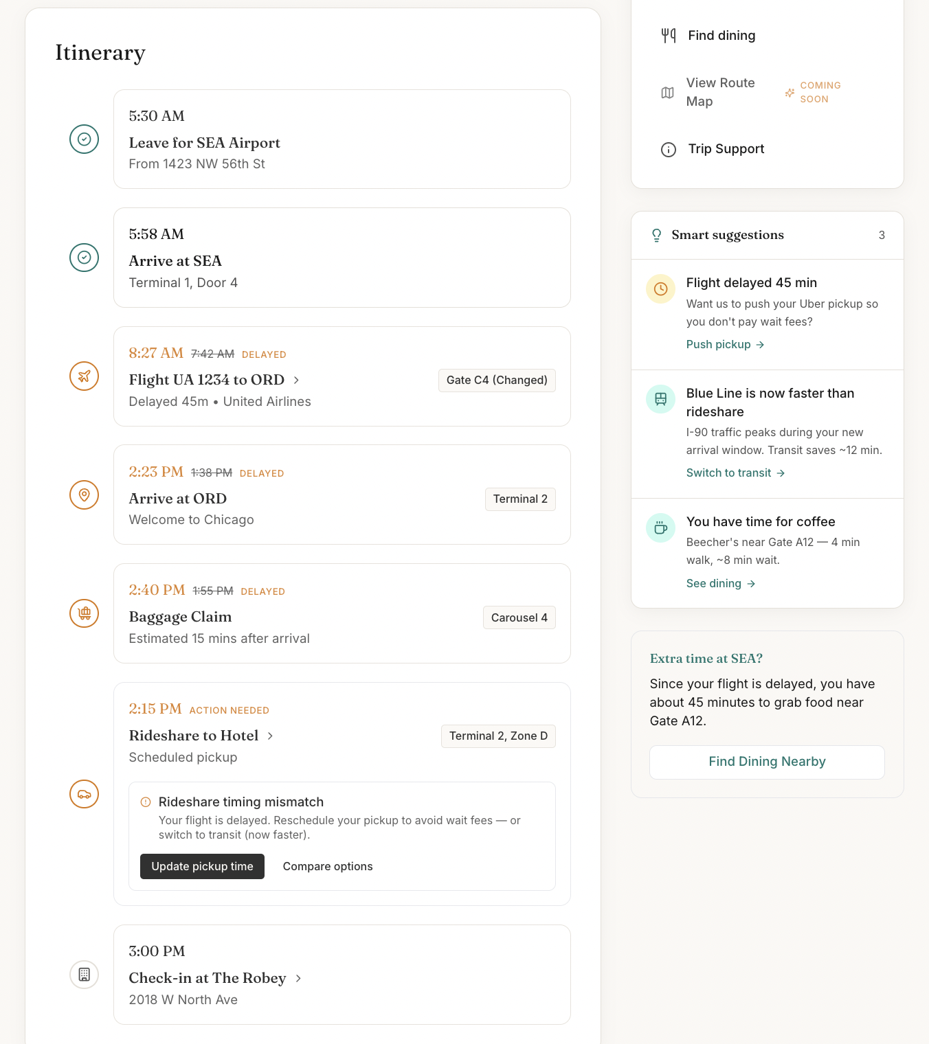 TravelOS itinerary screen showing a delayed flight and updated transportation recommendations.