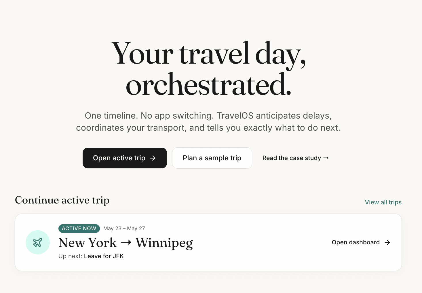 TravelOS itinerary screen showing a delayed flight and updated transportation recommendations.