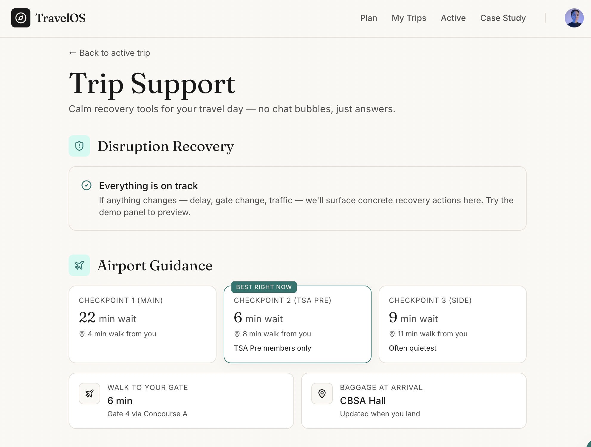 TravelOS itinerary screen showing a delayed flight and updated transportation recommendations.