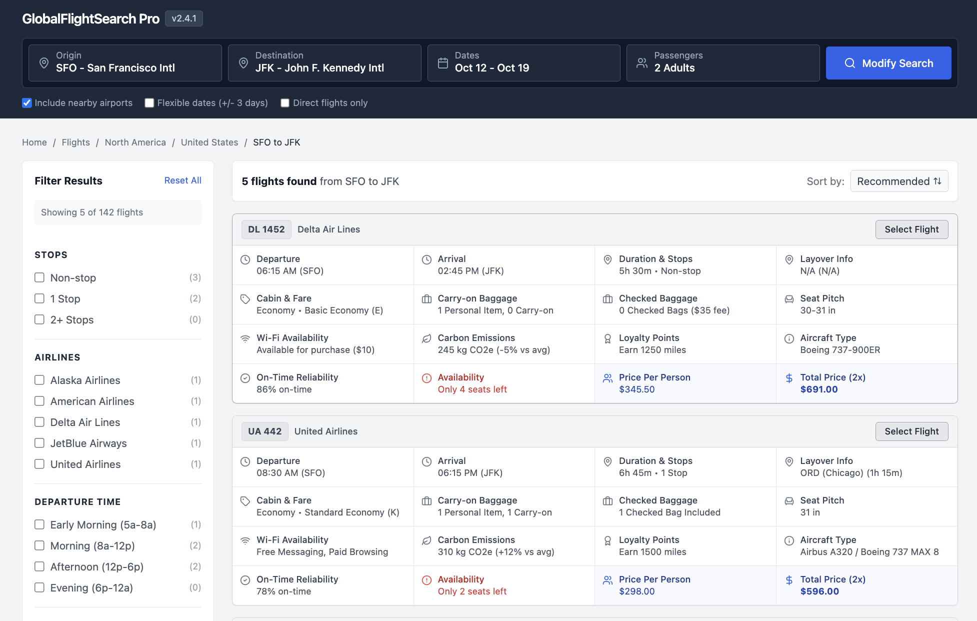 Flight search page showing a large number of columns per each result.