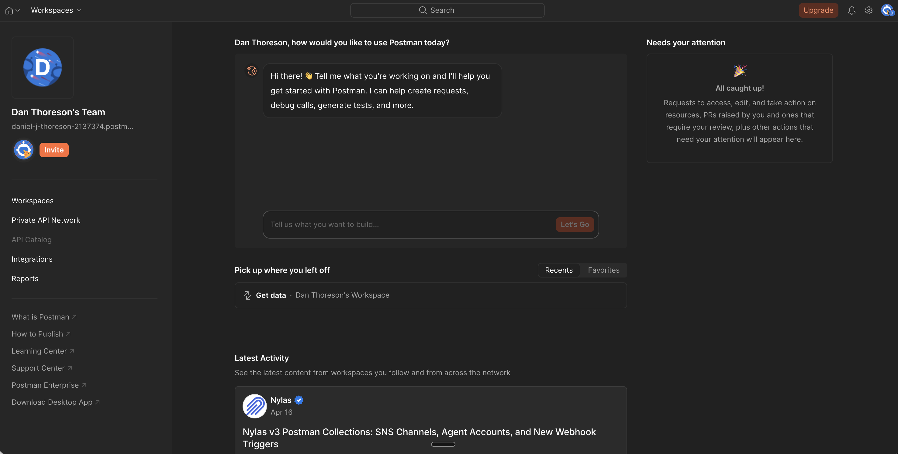 Postman home screen showing AI prompt, workspace chrome, and activity feed with no prominent New Request action.
